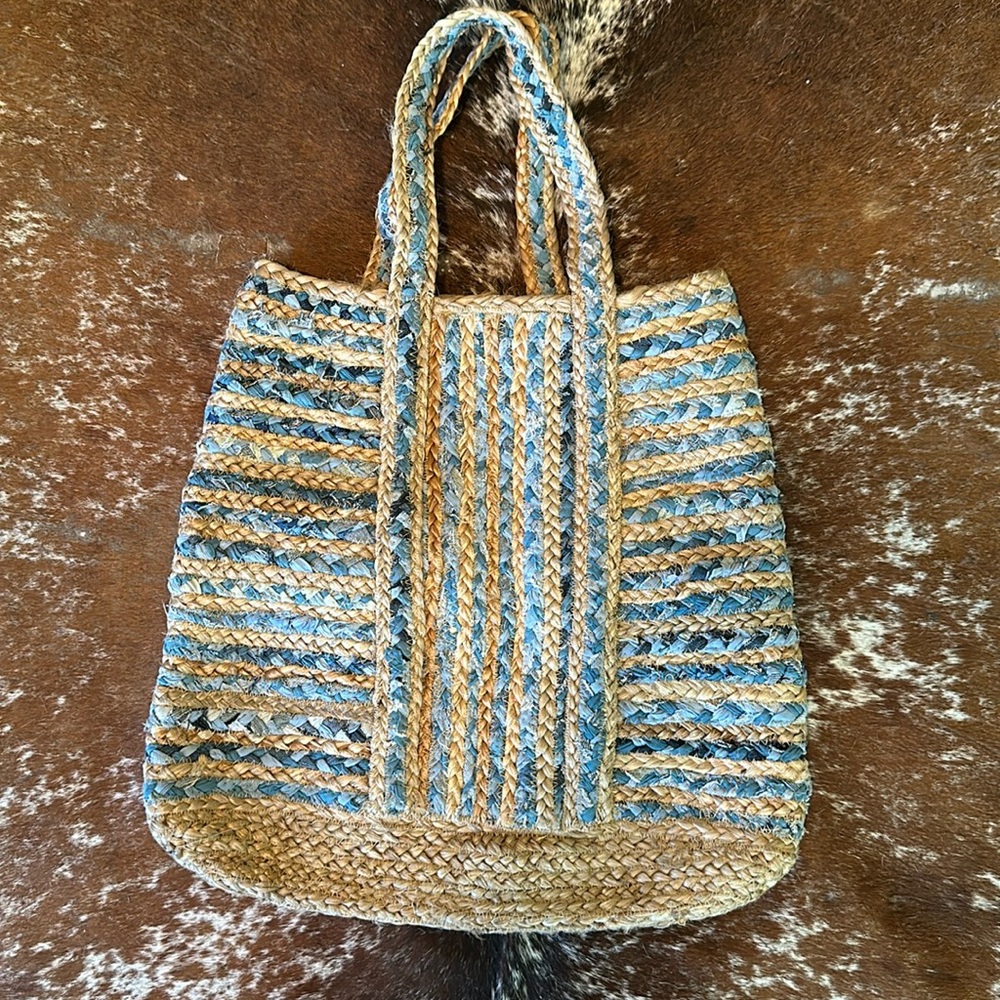 Burlap And Denim Weaved Tote Bag.